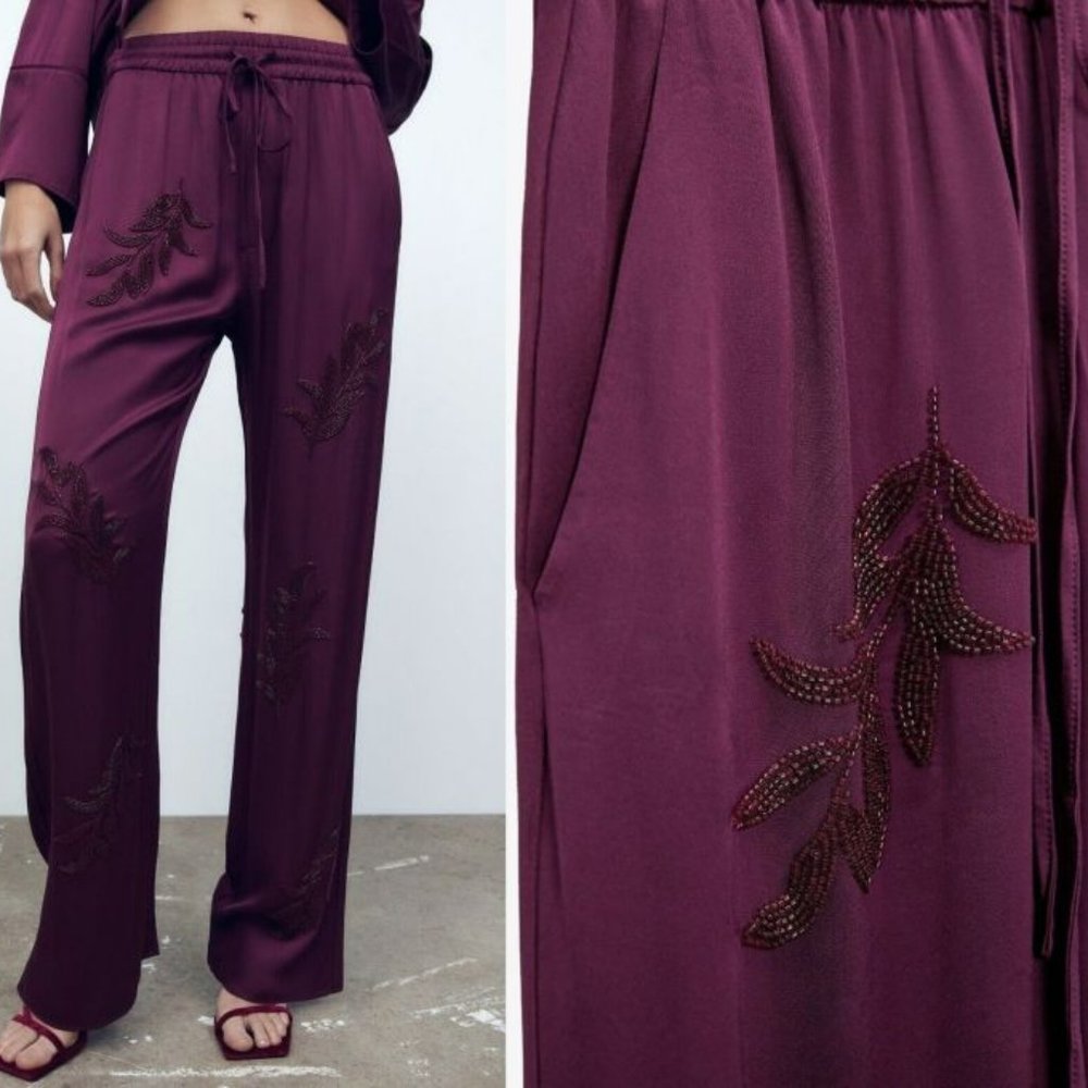ZARA~ LAST ONE!  HIGH-WAIST TROUSERS WITH BEADED EMBROIDERY DARK PURPLE XS